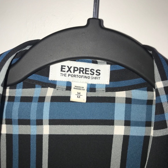 Express The Portofino Shirt Blue Black Plaid - Picture 6 of 10